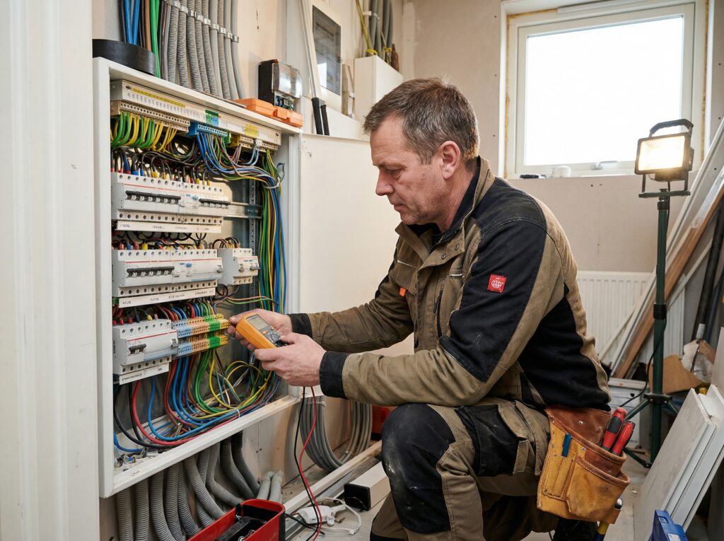 elektriker arbetar med inkoppling i en elcentral