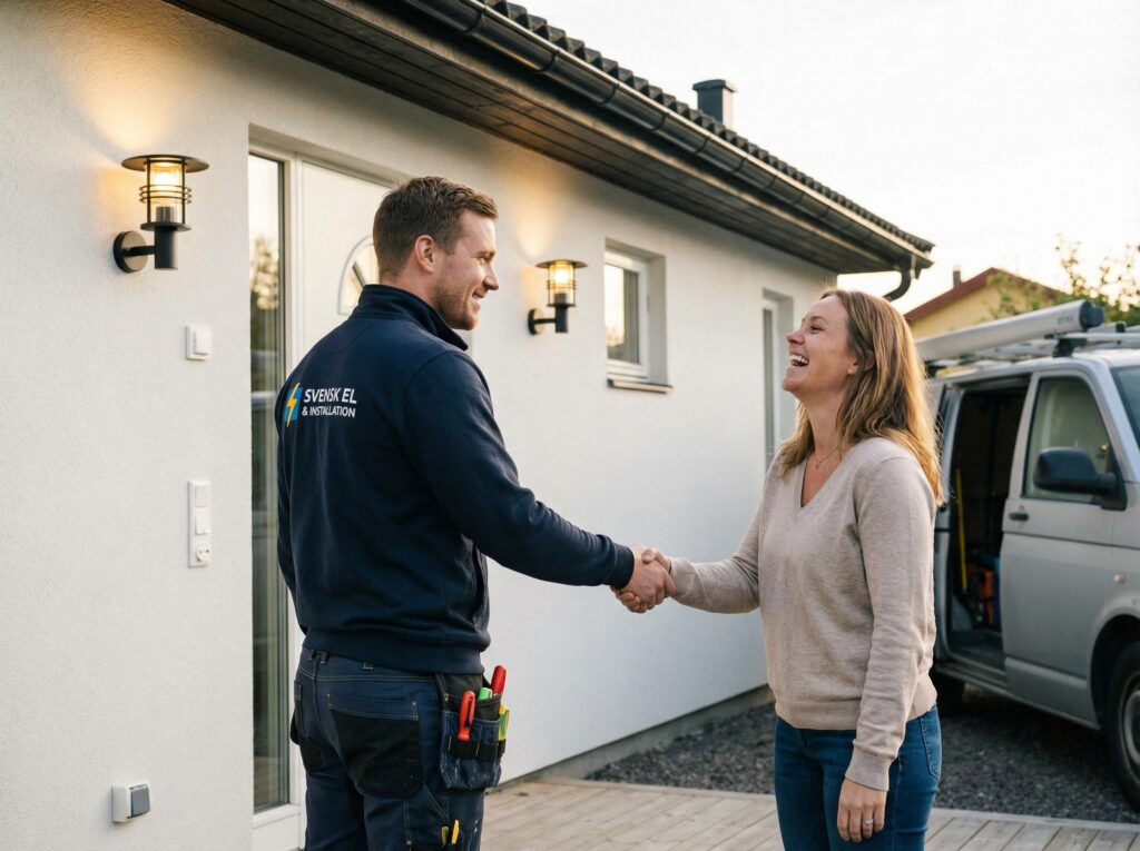 nöjd kund skakar hand med en elektriker